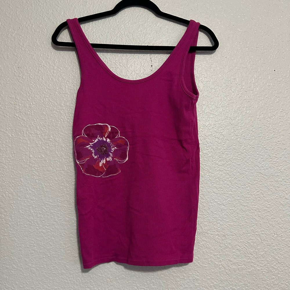 New York & Company Reversible Ribbed Tank Top Magenta Pink Floral Size L